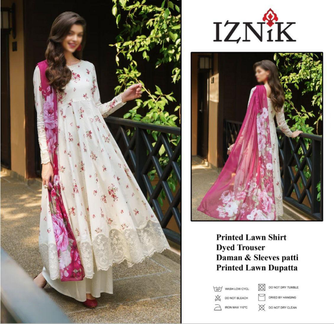 Luxury Iznik Lawn Unstitched Suit with Heavy Chicken Kari Embroidery