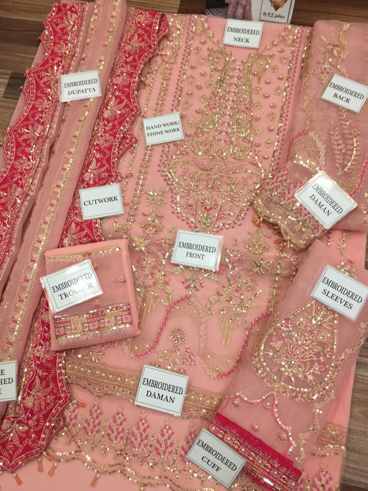 Afrozeh Bridal 3PC – Organza Embroidered with Stonework & Tassels (Unstitched)