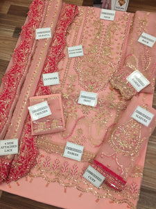 Afrozeh Bridal 3PC – Organza Embroidered with Stonework & Tassels (Unstitched)
