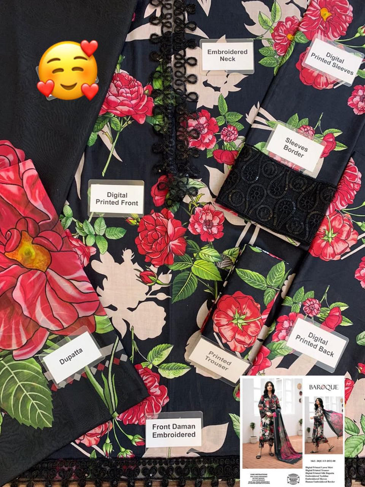 Baroque Embroidered Lawn 3Pc Suit – Digital Printed Lawn Dupatta