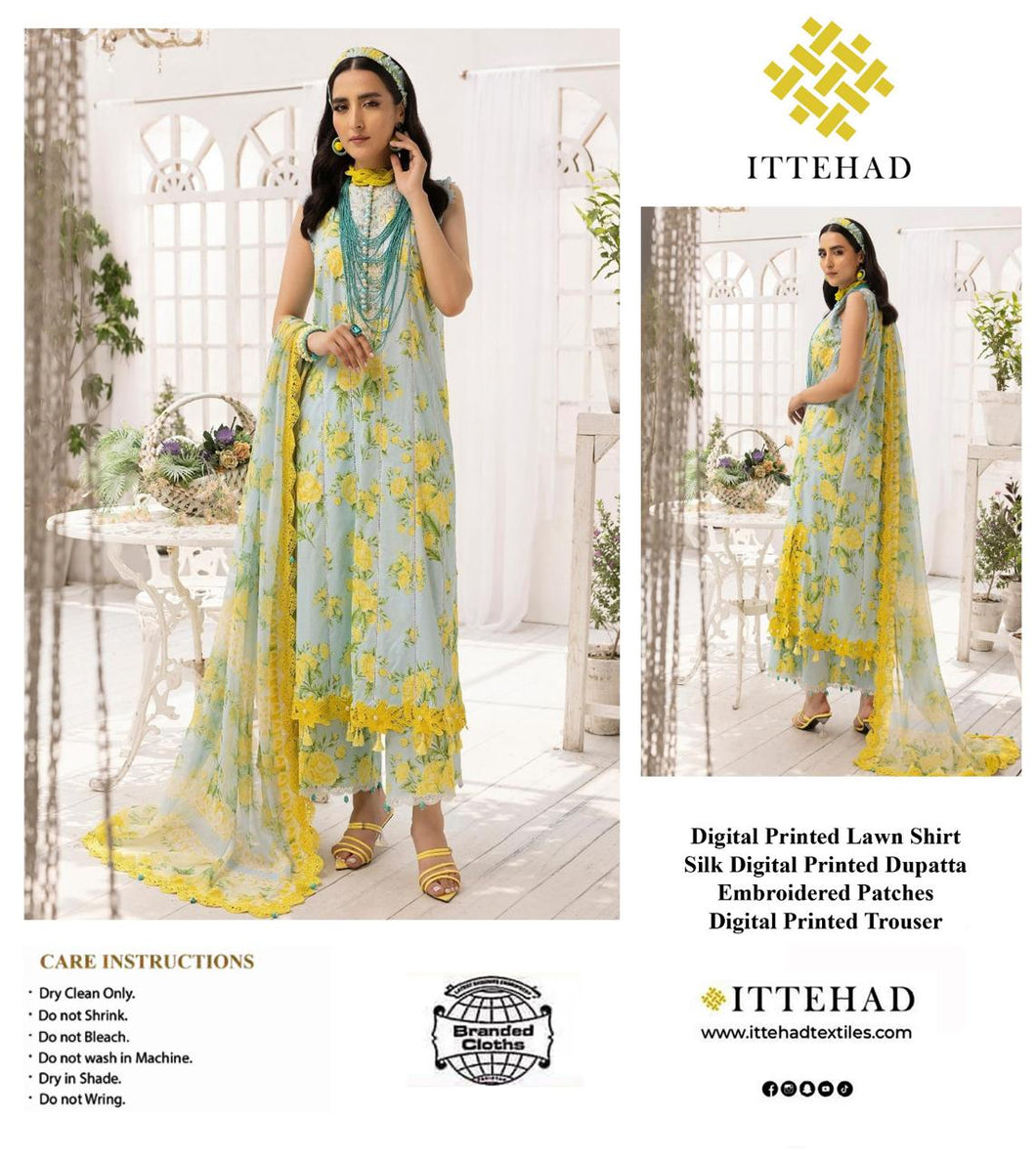 Ittehad Sun Flower – Unstitched 3-Piece Lawn & Silk Suit