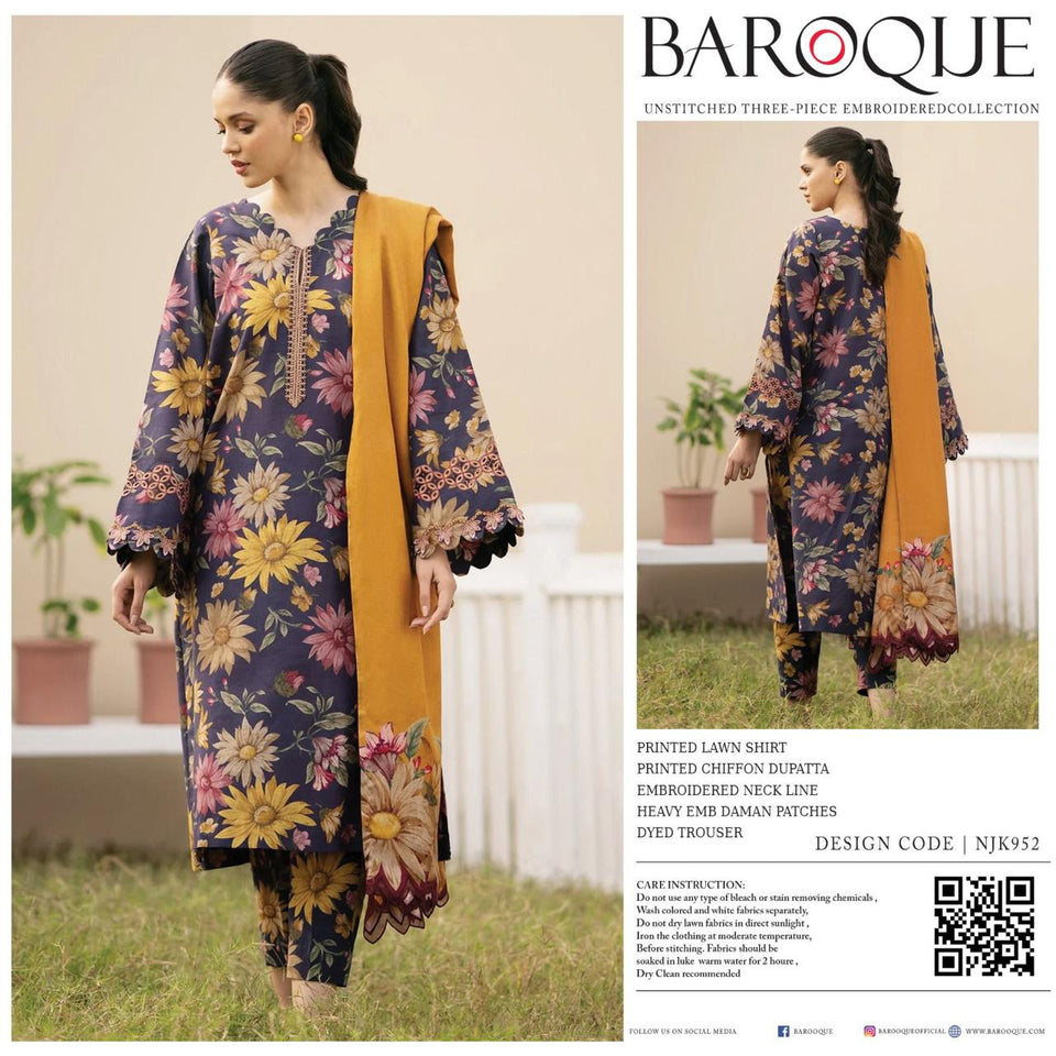 Baroque Elegant Pure Lawn Printed Suit with Chiffon Dupatta