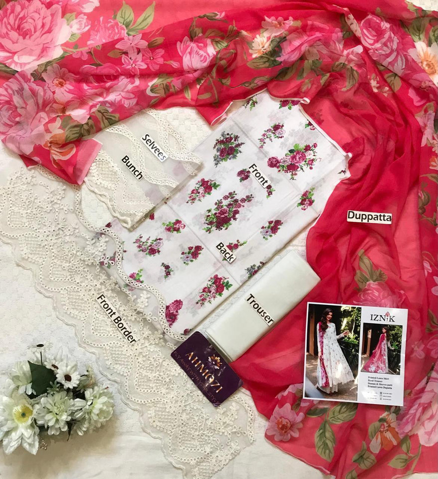Luxury Iznik Lawn Unstitched Suit with Heavy Chicken Kari Embroidery