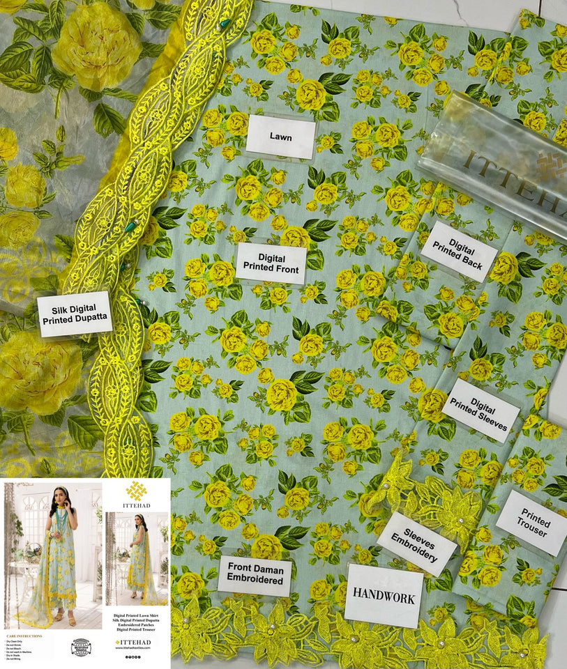 Ittehad Sun Flower – Unstitched 3-Piece Lawn & Silk Suit