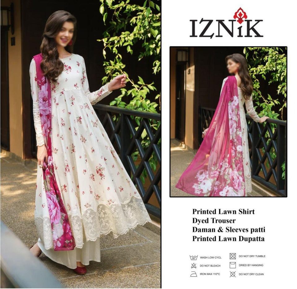 Luxury Iznik Lawn Unstitched Suit with Heavy Chicken Kari Embroidery